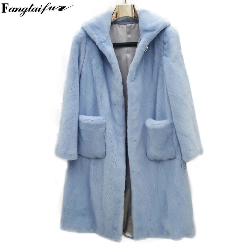 

Зимняя женская куртка Ftangaiur, импортное бархатное Норковое меховое пальто с меховым капюшоном и карманом, пальто из потери меха норки на пуговицах, длинные норковые шубы