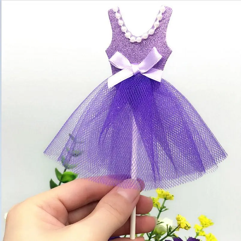

Lovely Bling Princess Skirt Insert Card with Plastic Stick Cake Decoration for Wedding Birthday Party Gift