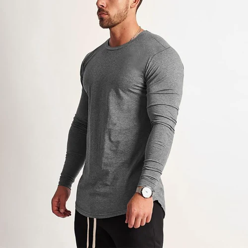 Imagen 2 del producto Camiseta de manga larga para hombre, camisa deportiva de Fitness, sólida, cuello redondo, para gimnasio y culturismo, nueva moda