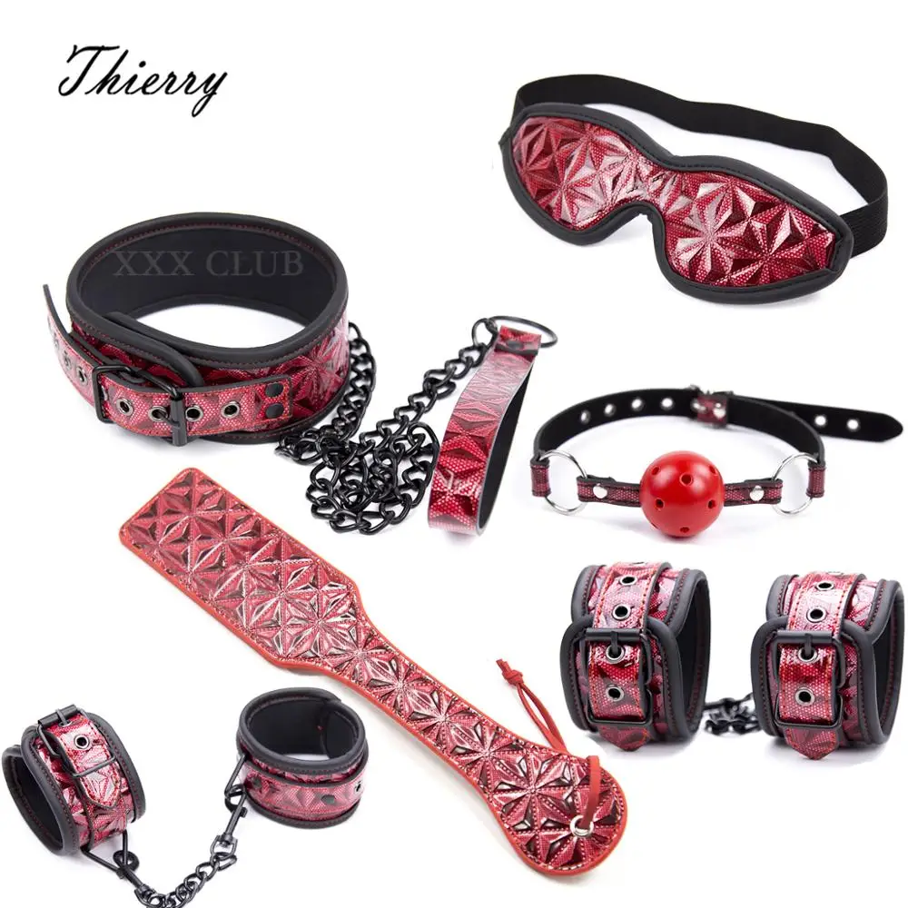 Thierry Crimson/Black Tied Ultimate Bondage Kit,Blindfold, Ball Gag, Collar, Wrist and Ankle Cuffs, Paddle Spanking Sex Toys