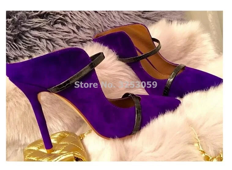 

ALMUDENA Purple Gold Pointed Toe High Heel Mules Slip-On Special Shallow Cut Straps Party Shoes Designer Band Slippers Size46