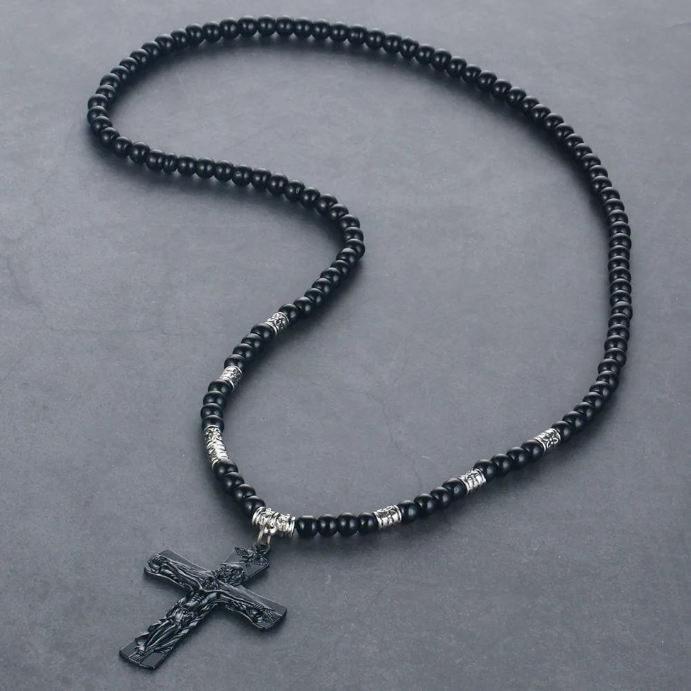 Religious Pendant Jewelry for Men Women Jesus Crucifix Leather Cord Necklace Vintage Hang Cross Beads Chain Necklace colar CN14