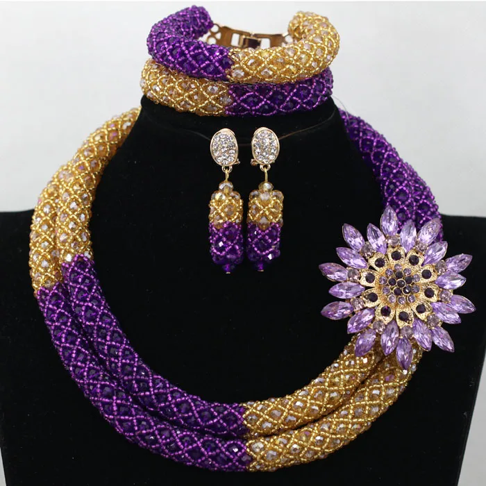 

Nigerian Wedding Beads Necklace Purple Gold Handmade Crystal Seed Beads African Bridal Jewelry Sets Free Shipping ABK106