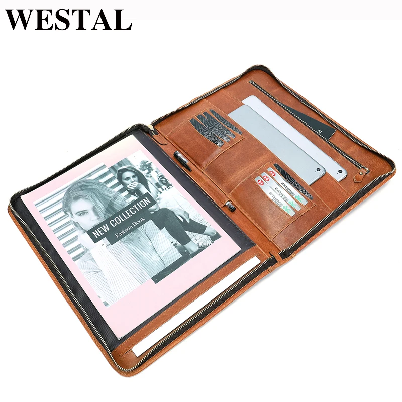 

WESTAL Genuine Leather men A4 Document Bag Vintage wallet Envelope file folder portfilio card holder coin purse male cluth bag