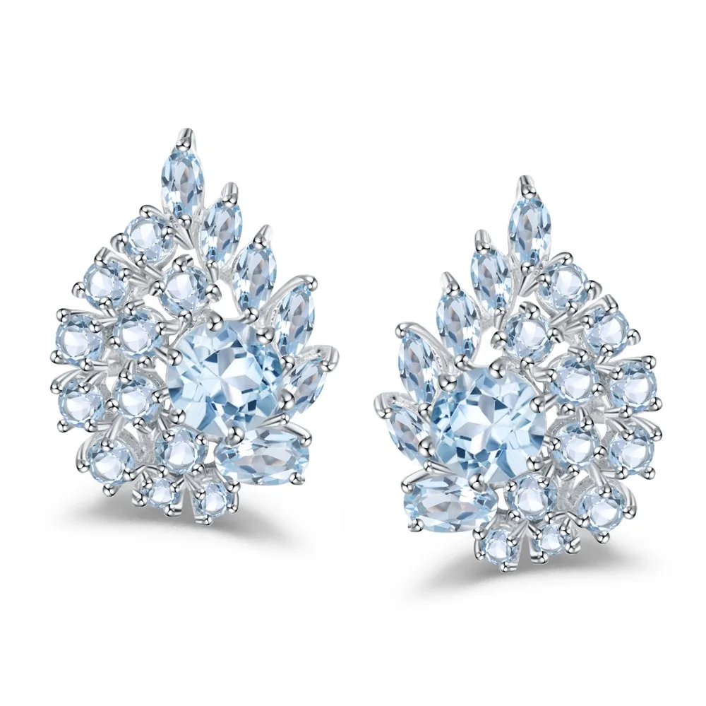 Gem\'s Ballet 6.33Ct Natural Sky Blue Topaz Gemstone Flower Stud Earrings 925 Sterling Silver Fine Jewelry For Women