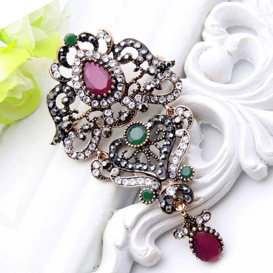 Sunspicems Vintage Turkse Broche Voor Vrouwen Etnische Partij Sieraden Antiek Goud Kleur Veelkleurig Kristal Algerije Bruid Gift 2021