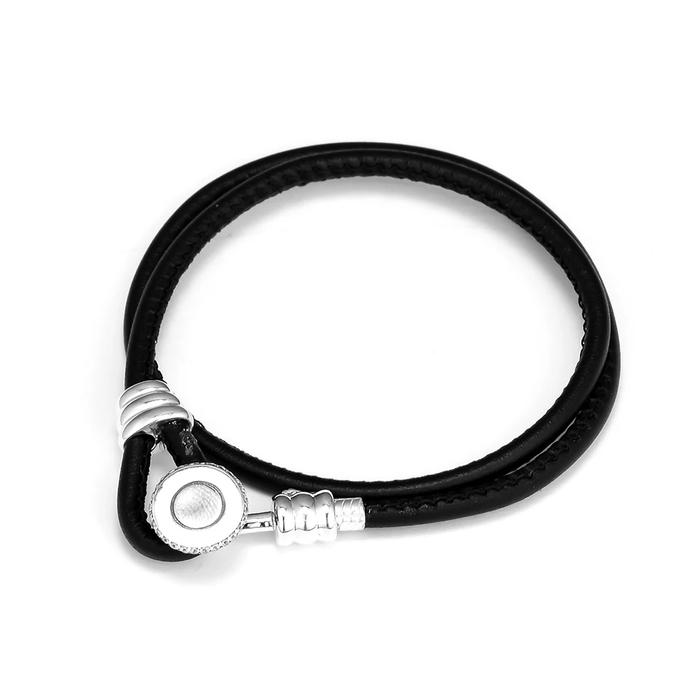 

925 Sterling Silver Charm Bracelets Black Double Leather Bracelet for Unisex Women Men DIY Charms Jewelry pulseras Wholesale