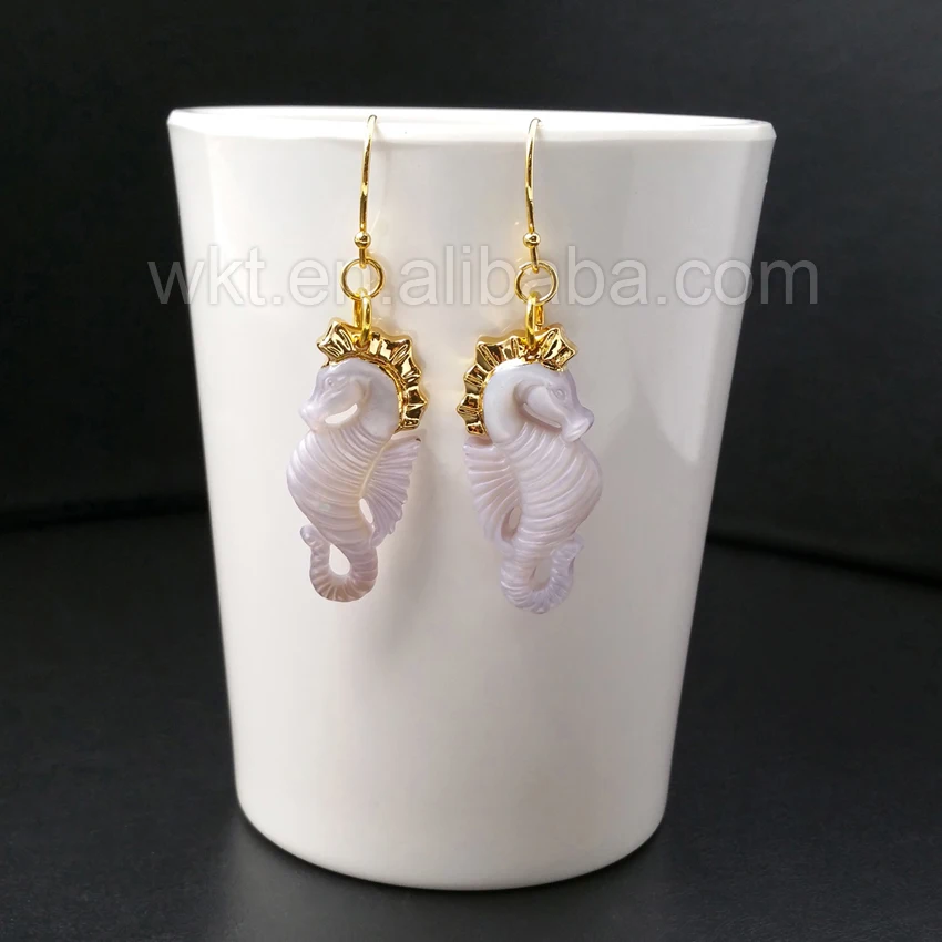 WT-E311 Wholesale High Quality Sea Horse Earrings Unique Design Shell With 24K Gold Color Hippocampe Jewelry 15*35mm