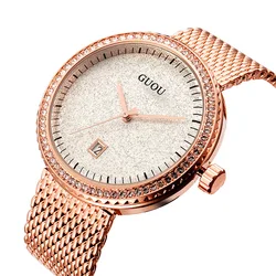 Guou Fashion Simple Mesh Retro Exquisite Rhinestone Classic Women's Quartz Watch Large Dial Stainless Steel Strap Hot Sales Gift