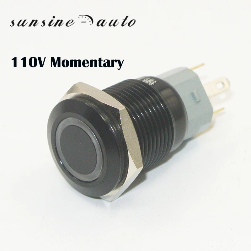 110V Momentary Push Button Switch 1NO1NC Black Metal switchl with Blue Red Green LED Ring Suitable for 16mm 5/8