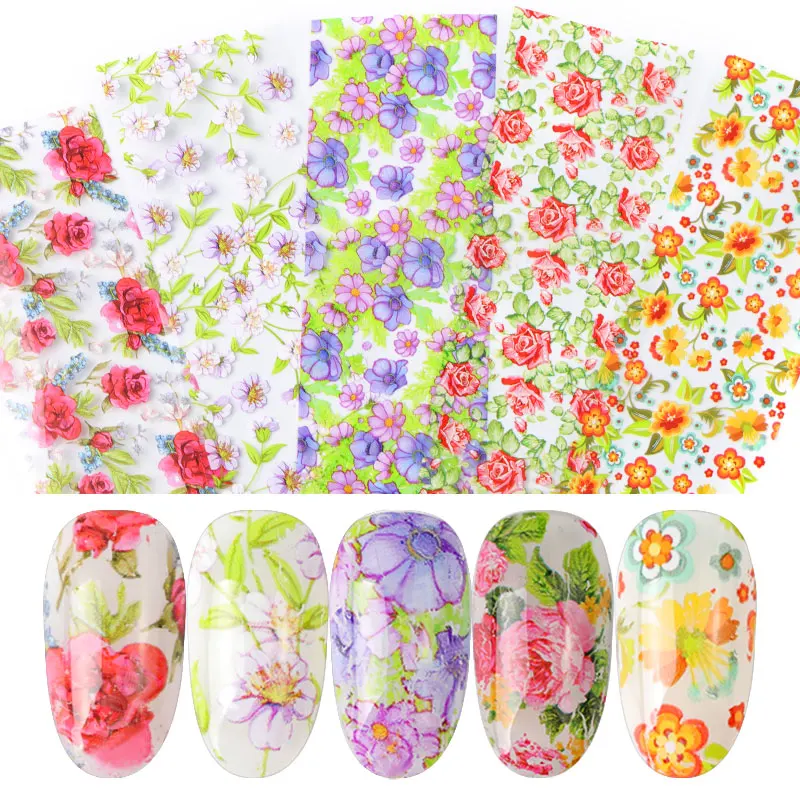 New pattern 10 colours Nail Leaf Stickers Varnish Mix Rose Flower Transfer Foil Nails Decal Cursors For Nail Art Decoration Mani