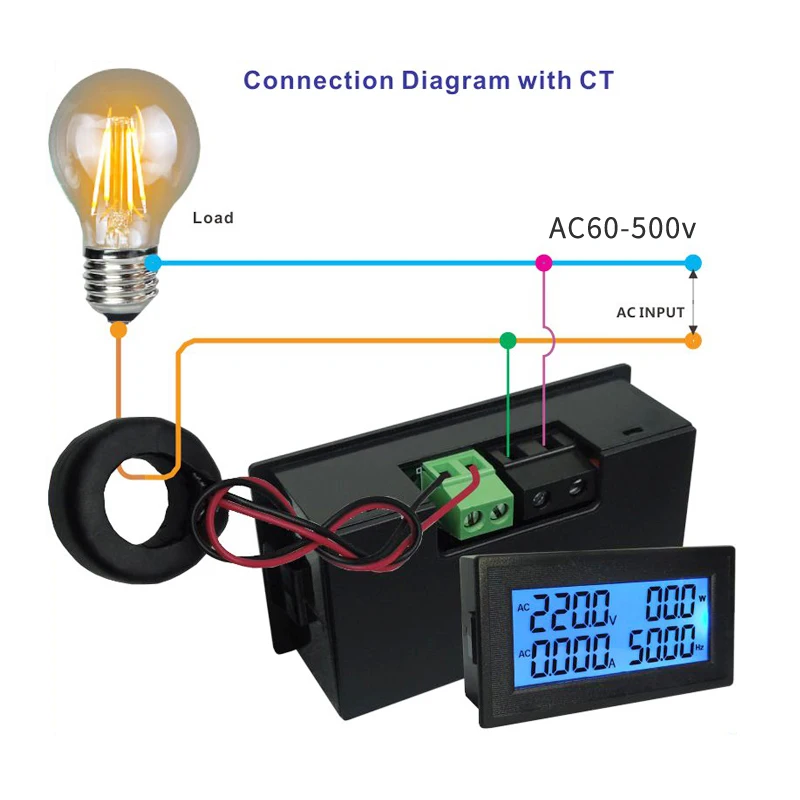 AC 60~500V 200A Power Meter Accurate Voltmeter Ammeter kWh Watt Energy Meter Voltage Current Power Monitor Tester Power factor