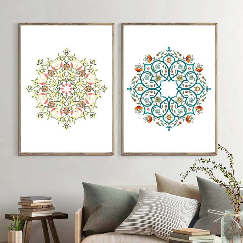 Hand Drawn Mandala Pattern Prints Turkish Style Poster Arabesque Bright Floral Islamic Canvas Painting Wall Picture Home Decor