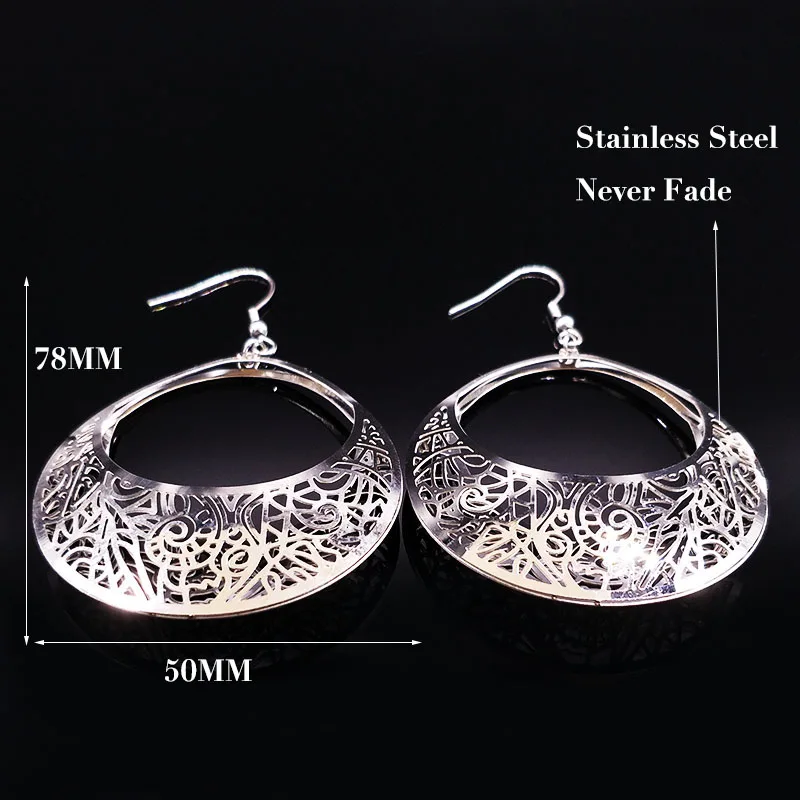 Fashion Big Stainless Steel Drop Earrings for Women Jewelry Silver Color Flower Statement Earrings aretes largos E1653S01