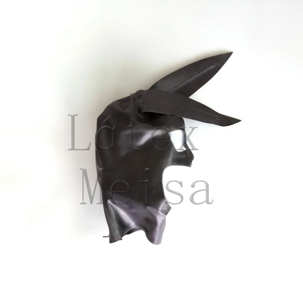 Animal rabbit design latex hood with open eyes and mouth in solid black color