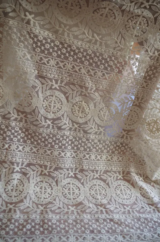 1 yard Ivory Embroidered Tulle Lace Fabric Cream Cotton Embroidered Tulle Lace Fabric Mesh Lace Curtain Fabric