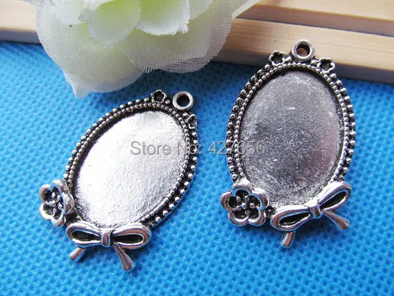 100pcs Antique Silver/Antique Bronze Oval Base Setting Tray Bezel Pendant Charm/Finding,Flower Bowknot,18mmx25mm Cabochon/Cameo