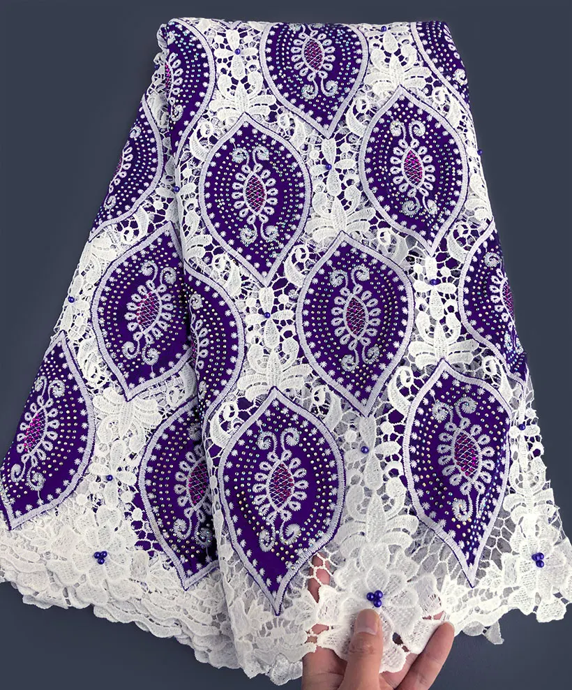 5 yards Purple White Velvet Lace neat embroidery African Guipure Cord Fabric Nigeria Sewing Evening Dress With Strong Stones