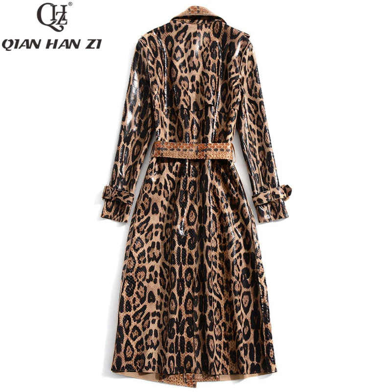 Imagem -03 - Qian Han Zi-leopardo Cabolsa de Trincheira para Mulheres Cinto de Designer Casual Roupas Finas Couro Vintage de Cobra Grande Tamanho Lavado