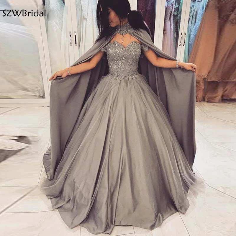 Custom made Ball gown evening dresses with Cape Lace Beading evening gown 2025 Dubai Arabic evening dress vestidos de festa