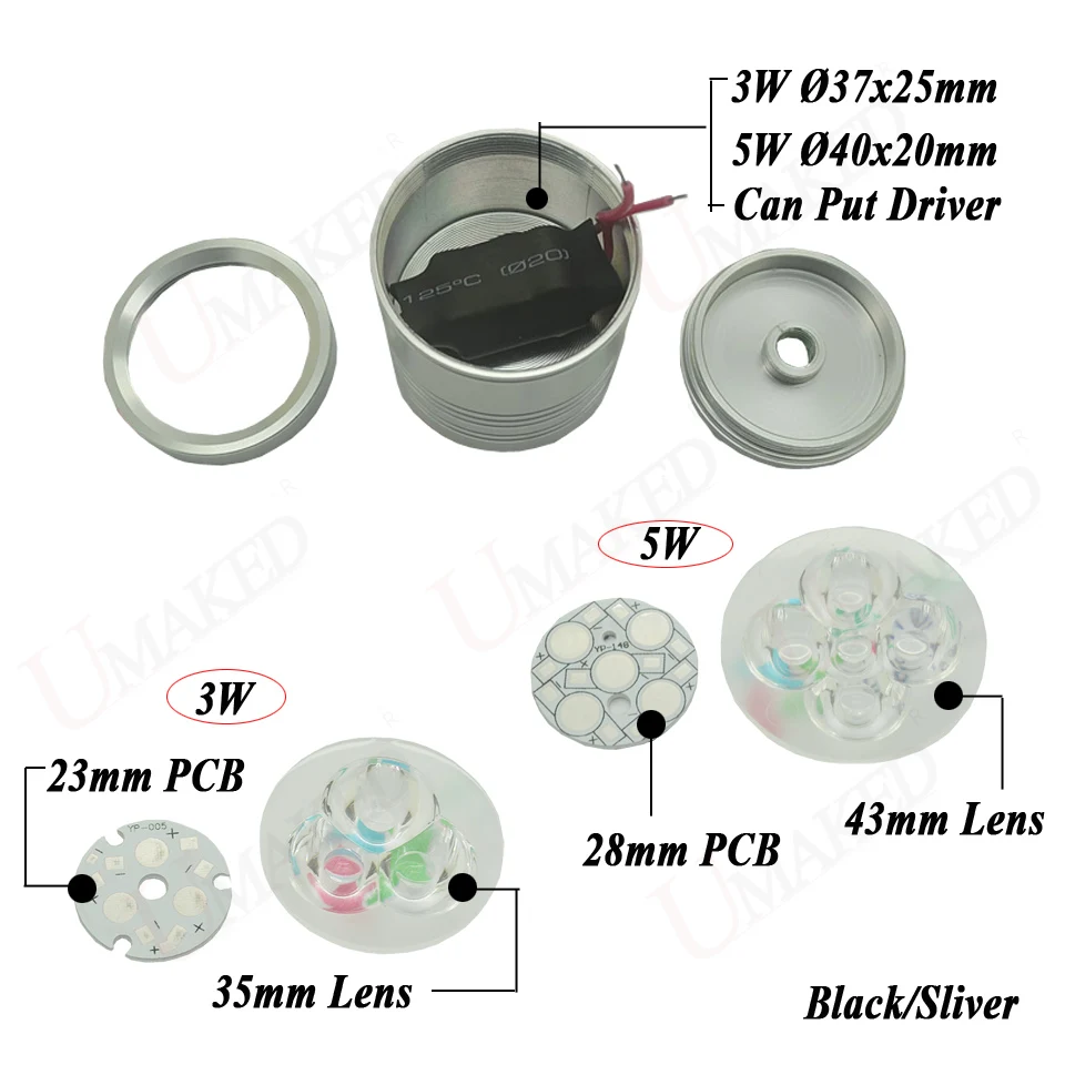 2pcs 3W 5W LED Alumimun Lamp Head Kits light Base Spotlight/Bulb Case main housing+heat sink PCB+Len mount for table