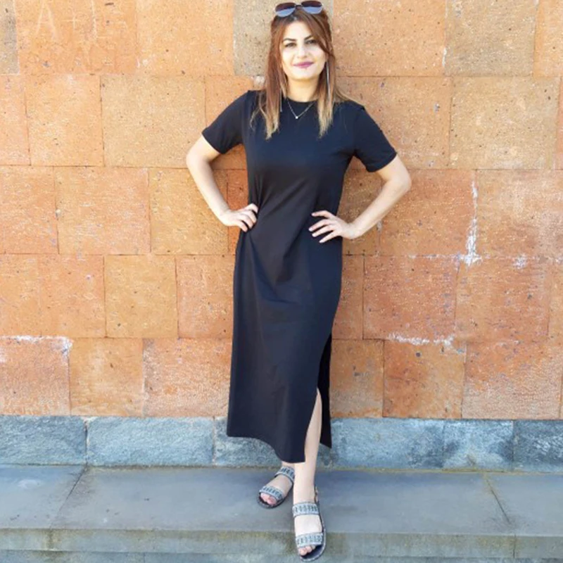 Mùa Hè Phong Cách Hàn Quốc Midi Đầm Nữ Đen Áo Dài Plus Size Nữ Tay Ngắn Gợi Cảm Bên Mở Đảng Đầm Maxi T áo Đầm