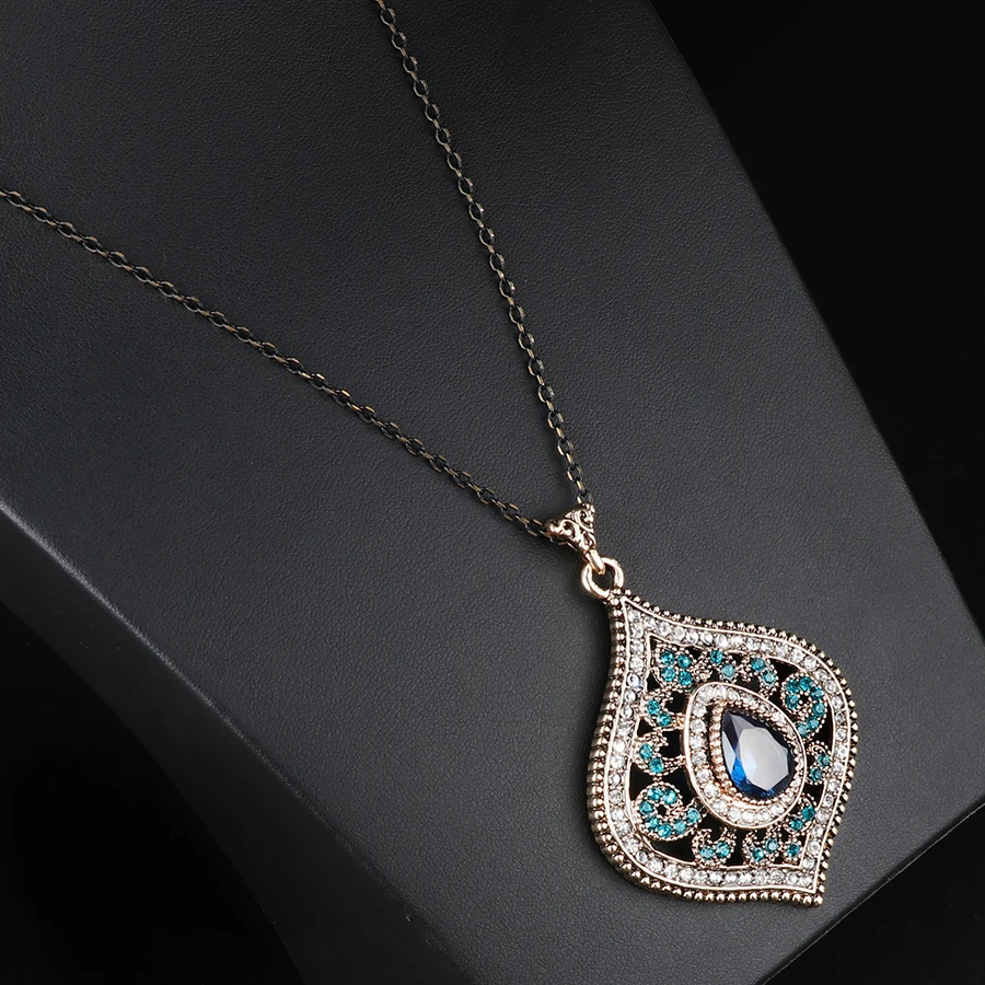 Kinel Fashion Blue Crystal Pendant Necklace For Women Ancient Gold Color Bohemia Pendant Daily Fine Ethnic Vintage Jewelry