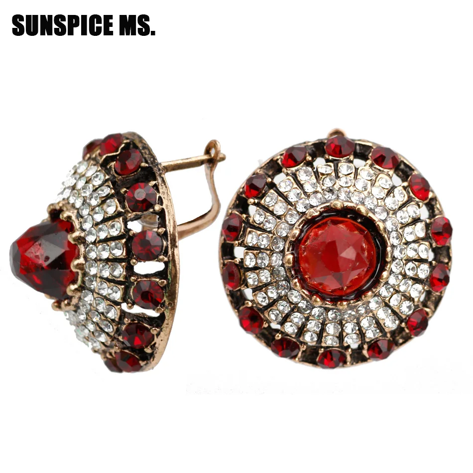 Sunspicems Chic Natural Stone Indian Earrings Vintage Retro Gold Color Round Earring For Women Turkish Bridal Wedding Jewelry