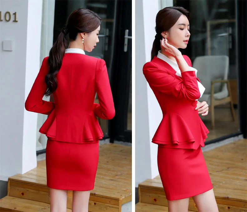 IZICFLY Spring Autumn Black Ladies Formal Uniform Designs Set for Women Blazer Elegant Feminino Business Skirt Suits Red