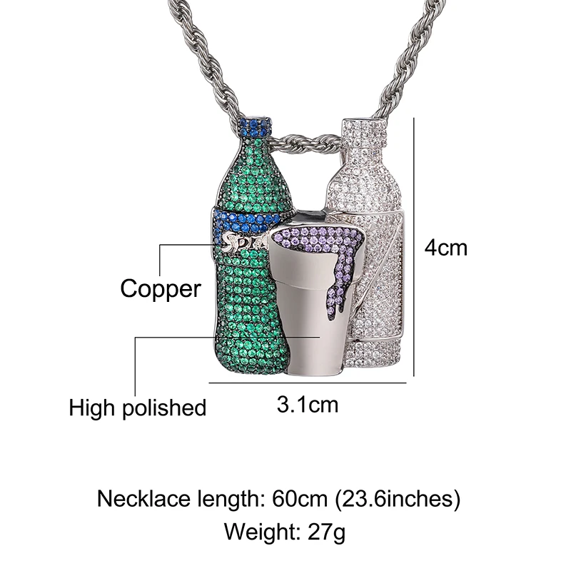 Hip Hop Multicolor Cubic Zircon Iced Out Shiny Wine Bottle Purple Green   Cup Combo Pendant & Necklace For Men Jewelry