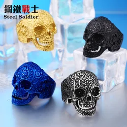 Steel soldier New Vintage Garden Flower Skull ring Black TITANIUM Mens Rings Fashion Jewelry Wholesale Price