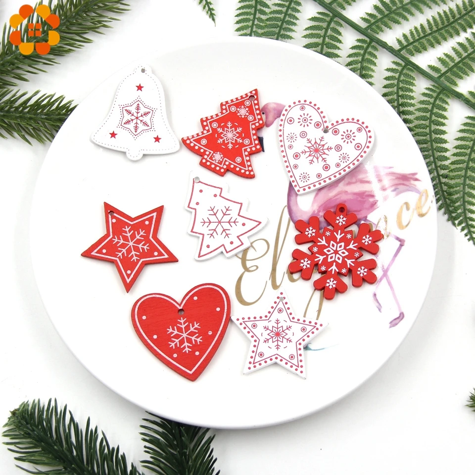 12PCS/Lot DIY White&Red Christmas Printed Wooden Pendants Ornaments For Kids Christmas Gifts Xmas Tree Ornaments Decorations