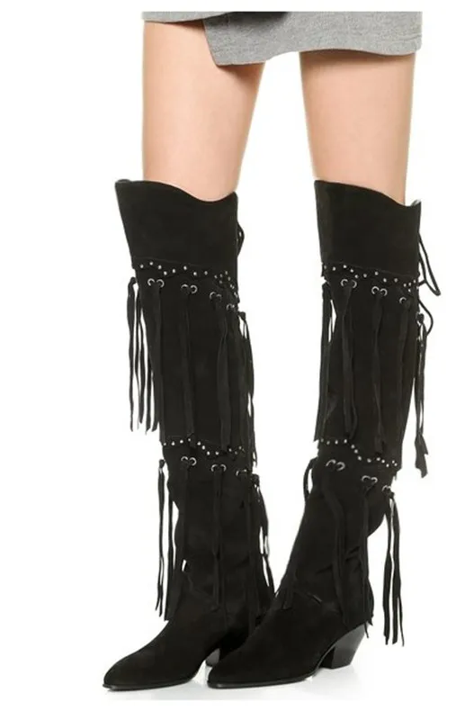 

New runway black color tassels thigh high boots for women chunky heel pointed toe long boats low heel over the knee high booties