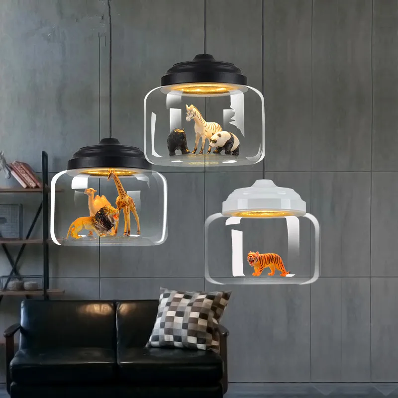 

Nordic restaurant glass chandelier coffee shop kindergarten classroom personality creative cartoon LED bedroom animal chandelie