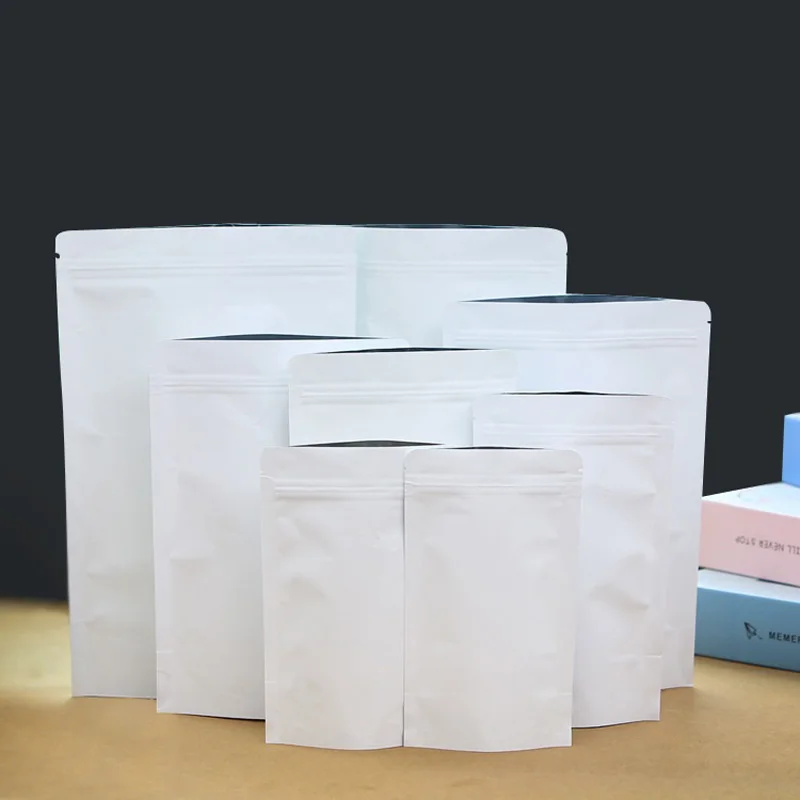 

500Pcs/Lot Stand Up White Kraft Paper Aluminum Foil Bag Zipper Doy pack Packaging Pouch Food Tea Snack Resealable Bags wholesale