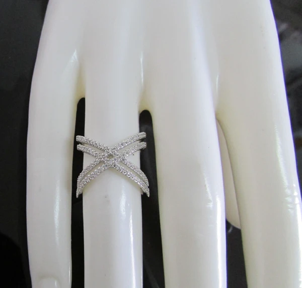 100% pure 925 sterling silver women finger rings,fine micro pave cz bling double criss cross X ring