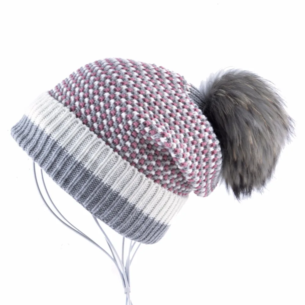 Winter Knitted Wool Hat Women's Beanie Raccoon Fur Pompom Ball Skullies Caps Ladies Knit Hats Thicker Plush Beanies For Women