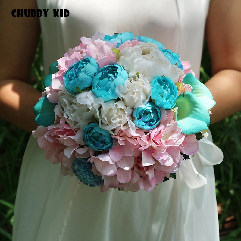 100% Hi-Q Romantic Bridal Bouquets Handmade Artifical Flower Bouquet Wedding Bridal bouquet Ramo Novia pink & blue color bouquet