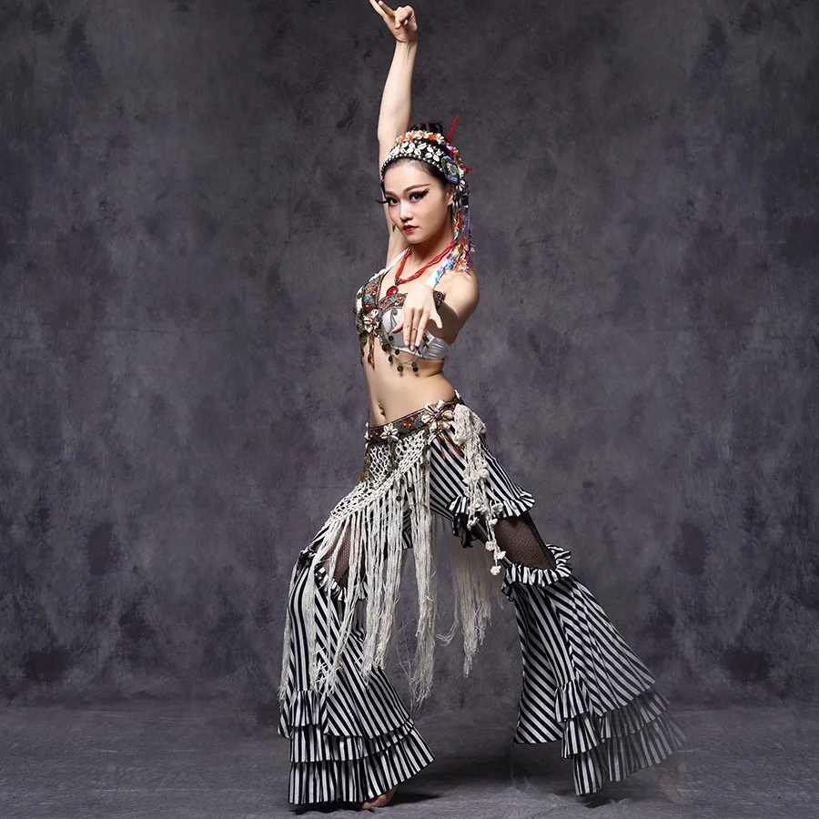 Tribal Belly Dance Clothes 3pcs Outfit Sexy Embroid Tops Hip Belt and Pants Women Tribal Dance Costume