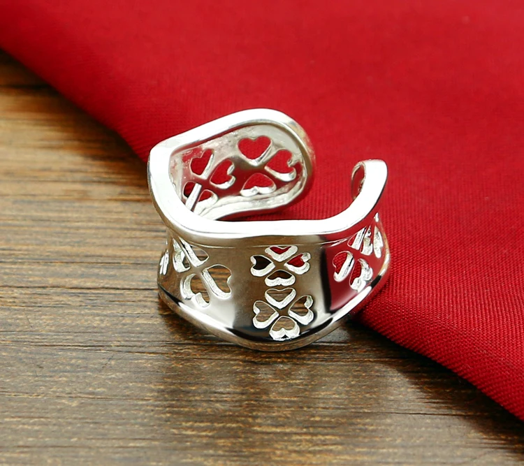 New fashion retro hollow pattern ring. Solid 925 sterling silver 13mm wide face female adjustable size. Clover silver jewelry image 3
