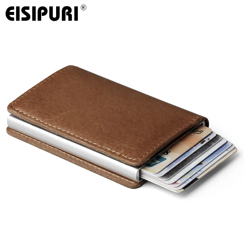 EISIPURI Men Blocking Rfid Wallet Mini Genuine Leather Business Aluminium Credit Card Holder Purse Automatic Pop Up Card Case