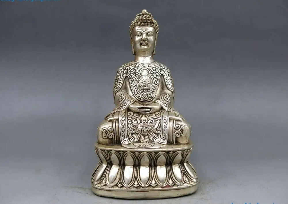 

6" China Buddhism Silver Temple Feng shui Sakyamuni Buddha Statue sculpture