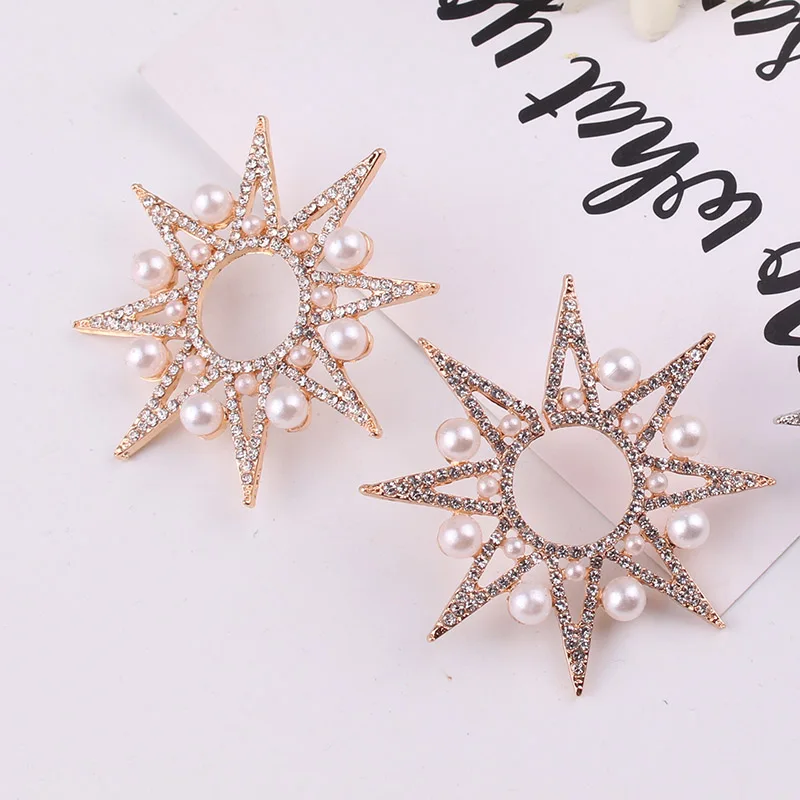 LUBOV Luxury Anise Star Stud Earrings Colorful Rhinestone Imitation Pearl Decoration Women Piercing Earrings Christmas