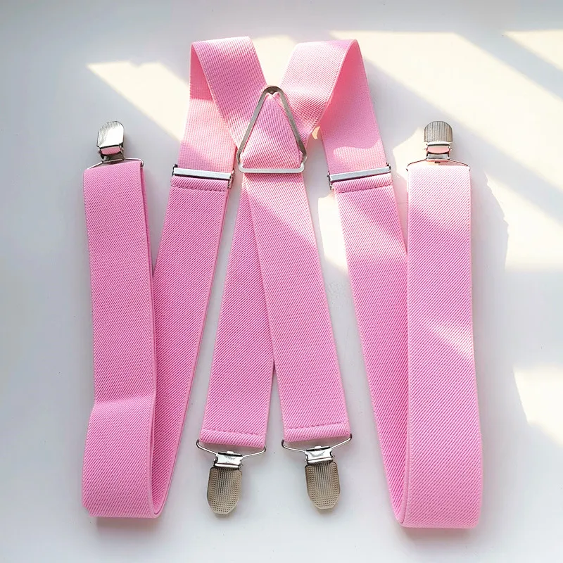 BD054-Light Pink Unisex Adult Suspenders 3.5cm Width Plus Size Adjustable Elastic X Back Suspender Men Women 4 Clips Braces