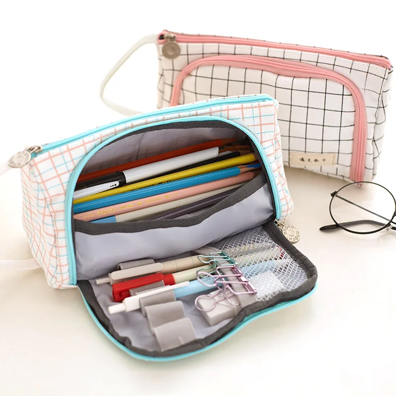 Estuche de lápices a cuadros blancos, bolsa de papelería, portalápices, suministros escolares, oficina, estudiante universitario, niña, regalo de