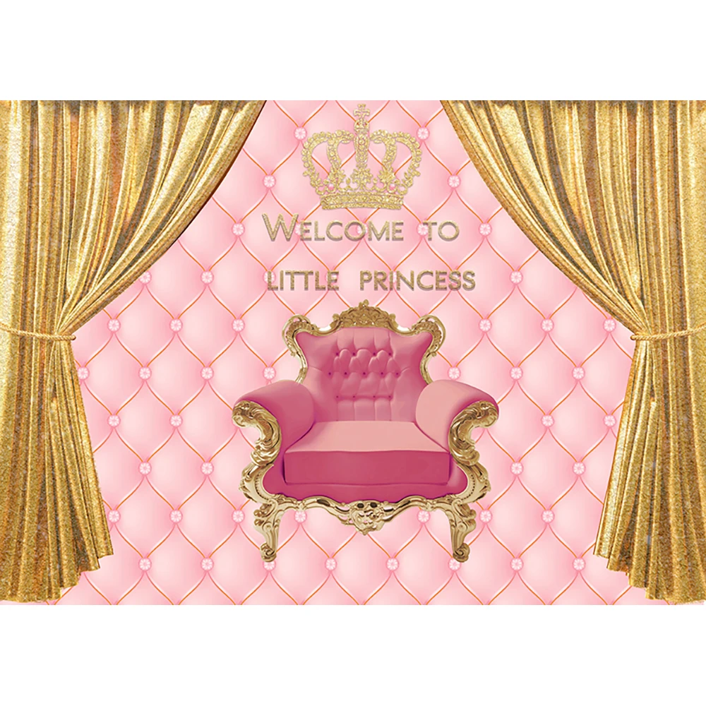 Allenjoy background photography pink tuft golden curtain baby shower welcome Princess party crown birthday backdrop photocall