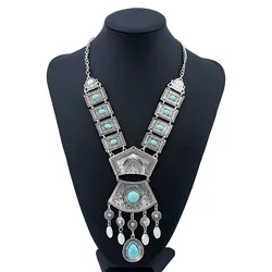 LZHLQ Fashion Women Chain Necklace Vintage Carving Blue Stone Water Drop Tassel Necklaces Geometric Metal  Plated Jewelry