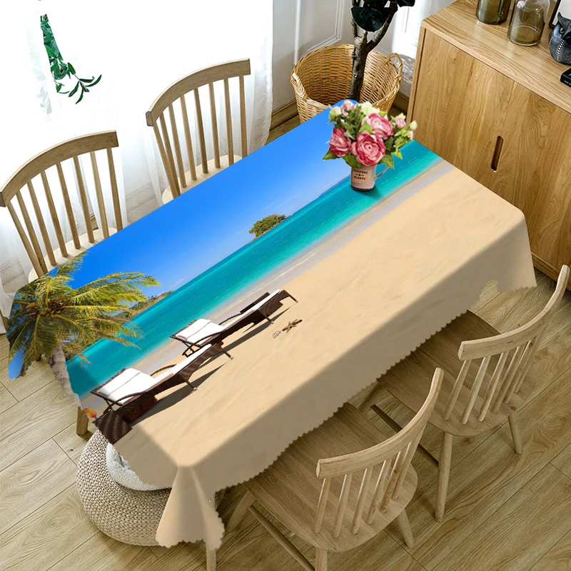 3D Tablecloth Beachfront Beach Landscape Pattern Polyester Dustproof Rectangle Table Cloth Christmas New Year Gift