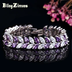 BeaQueen Big Leaf Shape Purple and White Cubic Zircon Crystal Bridal Bracelet Silver Color Wedding Jewellery for Women B009