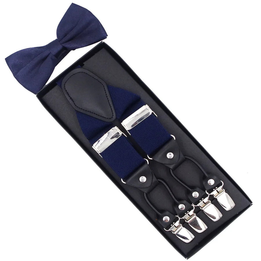 New Suspenders Set leather  6 Clips Braces with Bow Tie Vintage Casual Suspensorio Trousers Strap Father/Husband\'s Gift